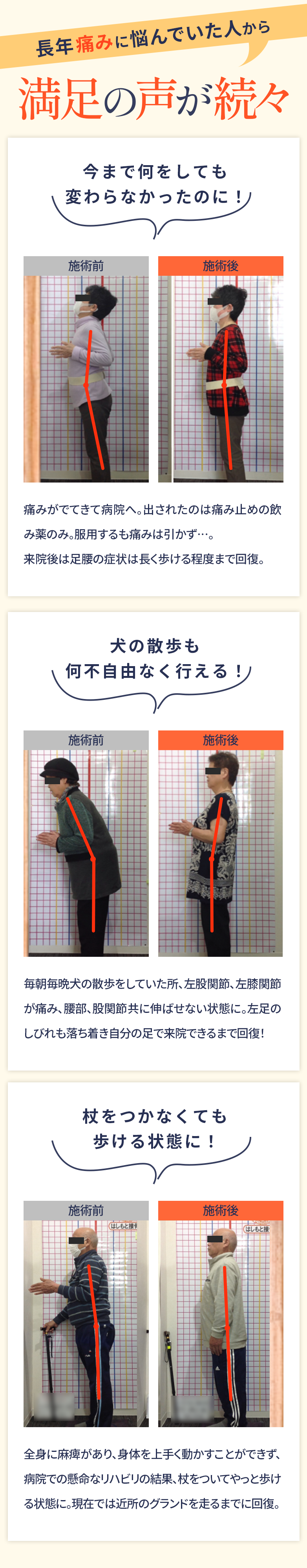 ・羽田野式ハイボルトは表面の治療と違って根本アプローチするから痛みに効く！・痛み止めの飲み薬のみで、服用しても痛みは引かず…。来院後は足腰の症状が良くなり、長く歩ける程度まで回復。・愛犬の散歩をしていた際、左股関節、左膝関節が痛み、激痛。体を前に伸ばせない状態に。左足のしびれも落ち着き、自分の足で実感が持てるまで回復。・全身に麻痺があり、身体をうまく動かすことができず、病院での懸命なリハビリの結果、杖をついてやっと歩ける状態に。現在は、近所のグランドを走るまでに回復。